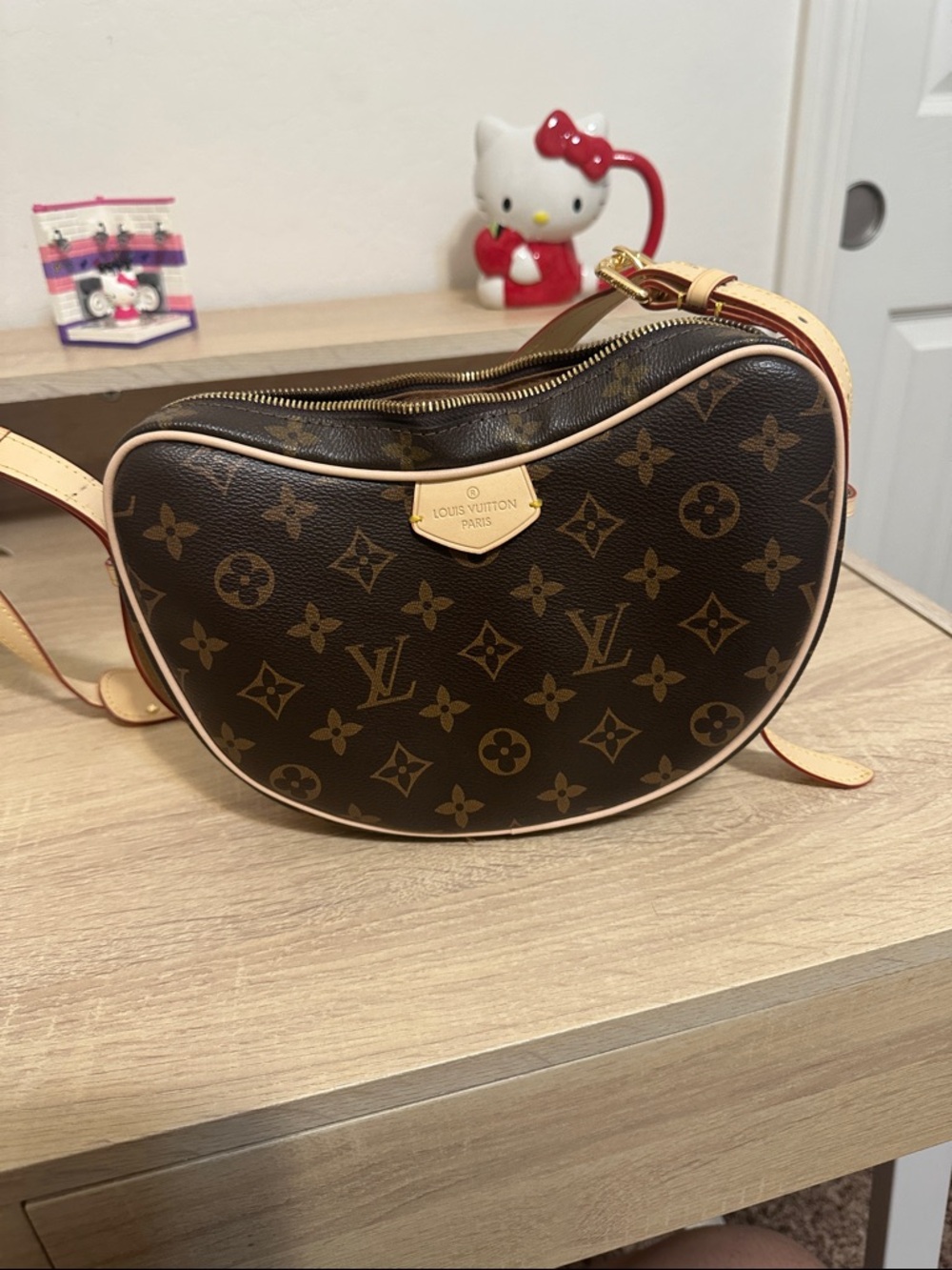 Brown Monogram Crescent Shoulder Bag with Tan Trim